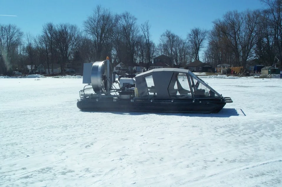 It's pushed along by a rear propulsion fan like an airboat, although the pliable pontoons are considerably more forgiving than such a boat's rigid hull, when running into obstacles