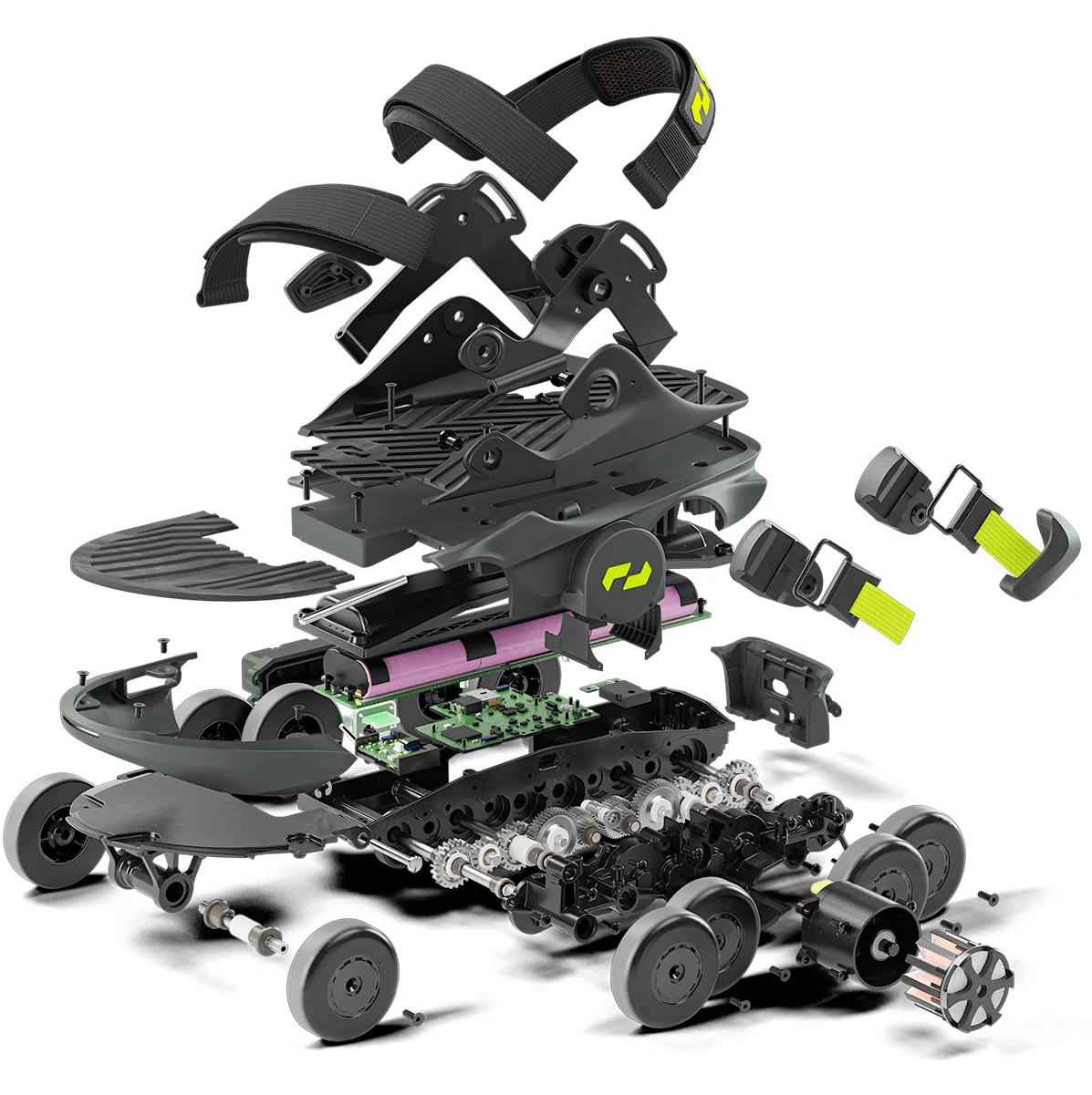 Exploded view of a Moonwalker robotic shoe