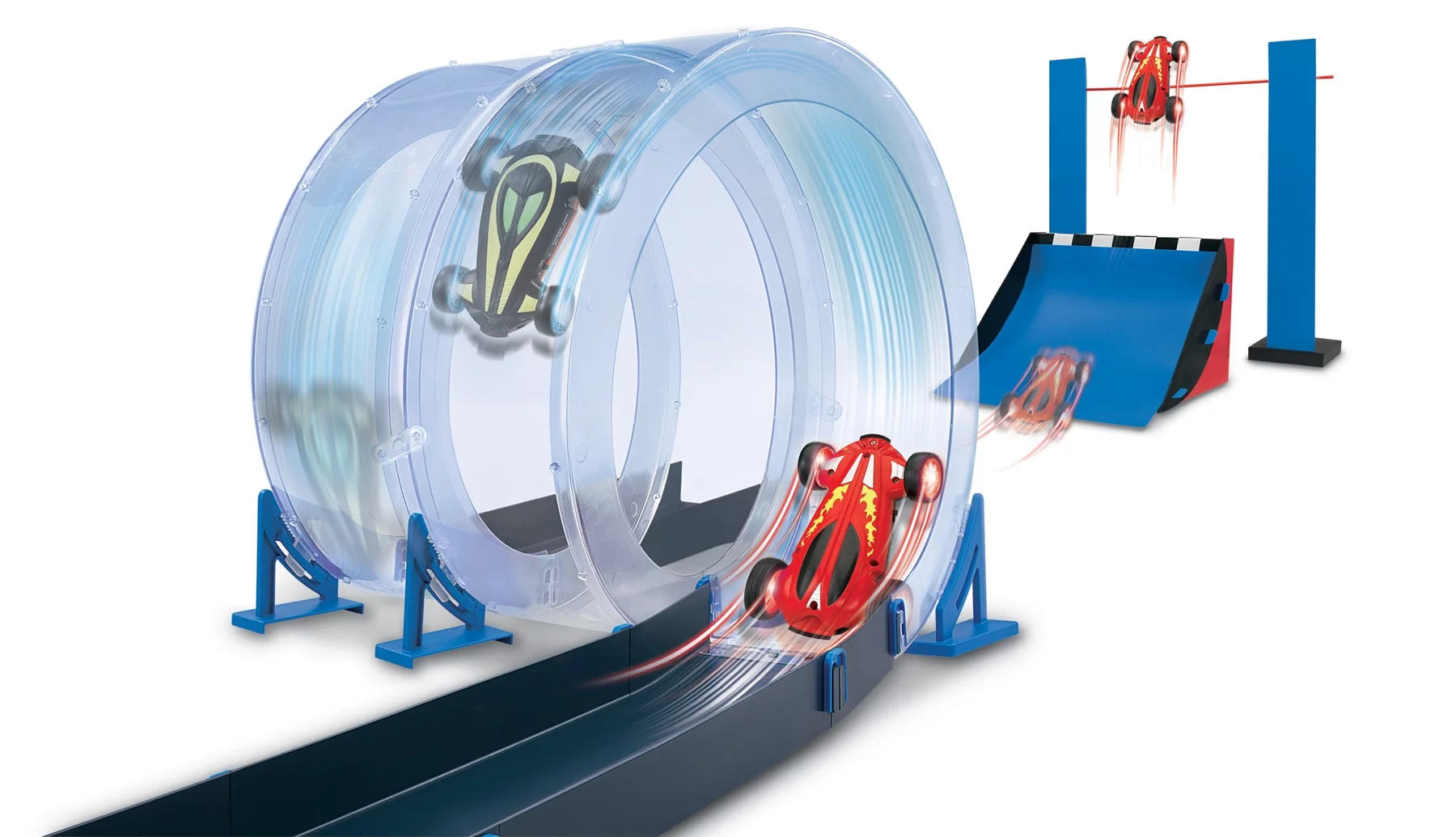 Optional extra kits allow the Lazer Stunt Chasers to perform loop-the-loops, zoom around inside a clear funnel, and jump through a ring