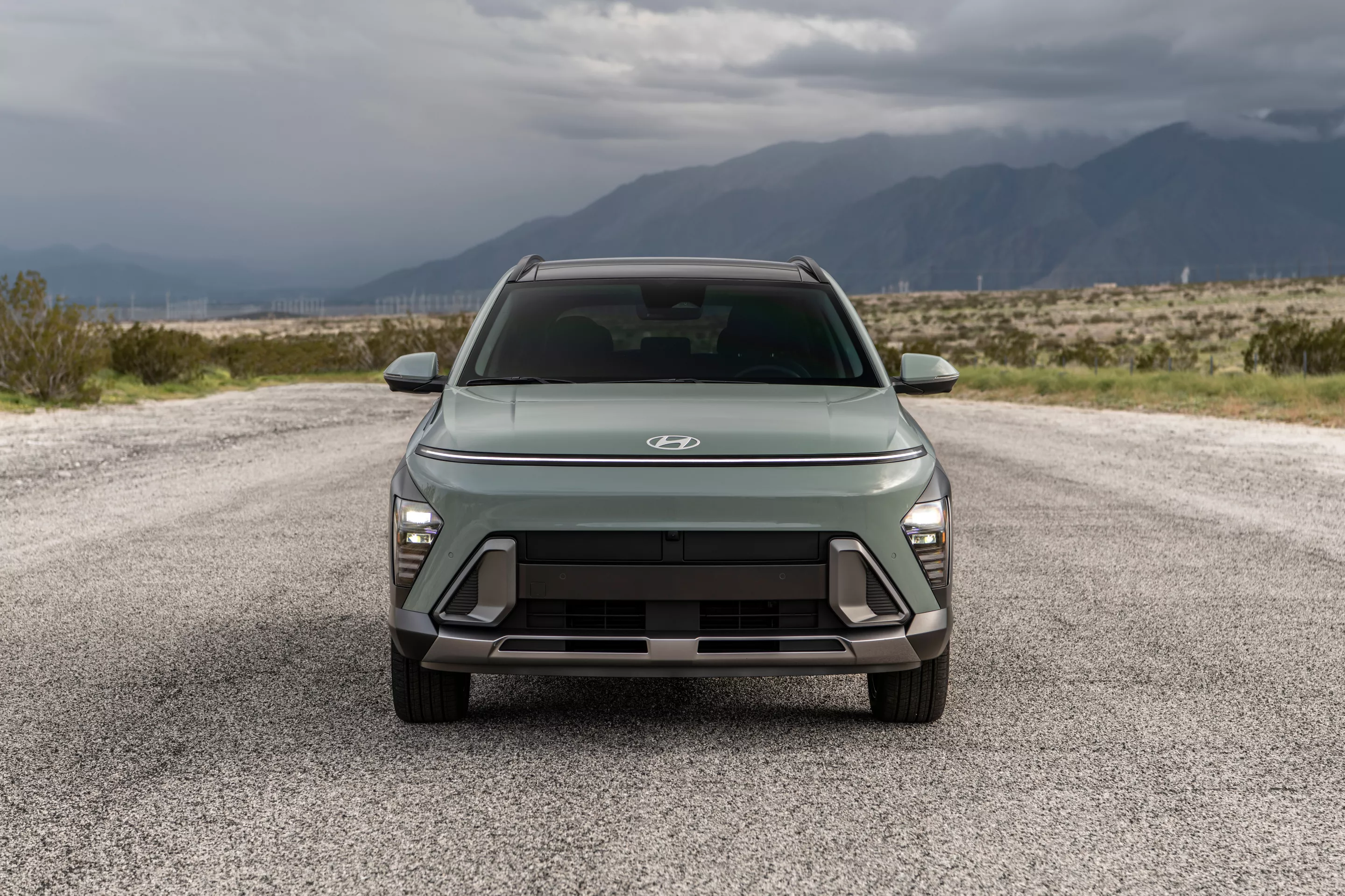 The front of the 2024 Hyundai Kona differentiates gasoline and electric models (shown)