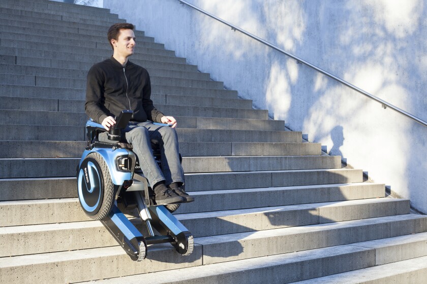 Riders comfortably face forwards when traveling both up and down stairs