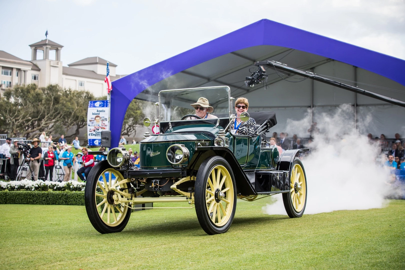 This 1911 Stanley 72, owned by Molly and Norm Shanklin, is the oldest of the three 20-hp Stanley 2 Seater steam-powered Roadsters extant and the oldest known aluminum-bodied Stanley Steamer in the world. They sold new for $1,350 with additional cost for all five available dealer options of the day: wind screen, speedometer, head lamps, retractable roof and bulb horn. The Model 72 could effortlessly reach 60 mph, and the potential of steam cars was adequately demonstrated by the company in setting the world land speed record. On 29 January 1906 at Daytona Beach, Fred Marriott drove the Stanley Steam Company's best known creation to a speed of 127.66 mph (205.44 km/h) over one mile. Unfortunately, the Stanley Steam Company triumph of 1906 was followed by tragedy when the streamliner flipped at 150 mph in the 1907 Daytona meet, ending both Marriot's racing career and Stanley Steam company's tilt at rewriting history. See our feature article; The fastest cars in history: 1894 to 1914
