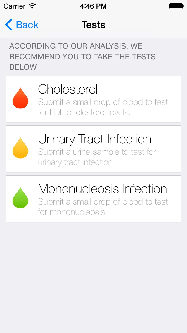 Follwing an initial analysis of a user's vital metrics and user-defined symptoms, the app will suggest tests that the patient could carry out to assist in a diagnosis (Image: Aezon)