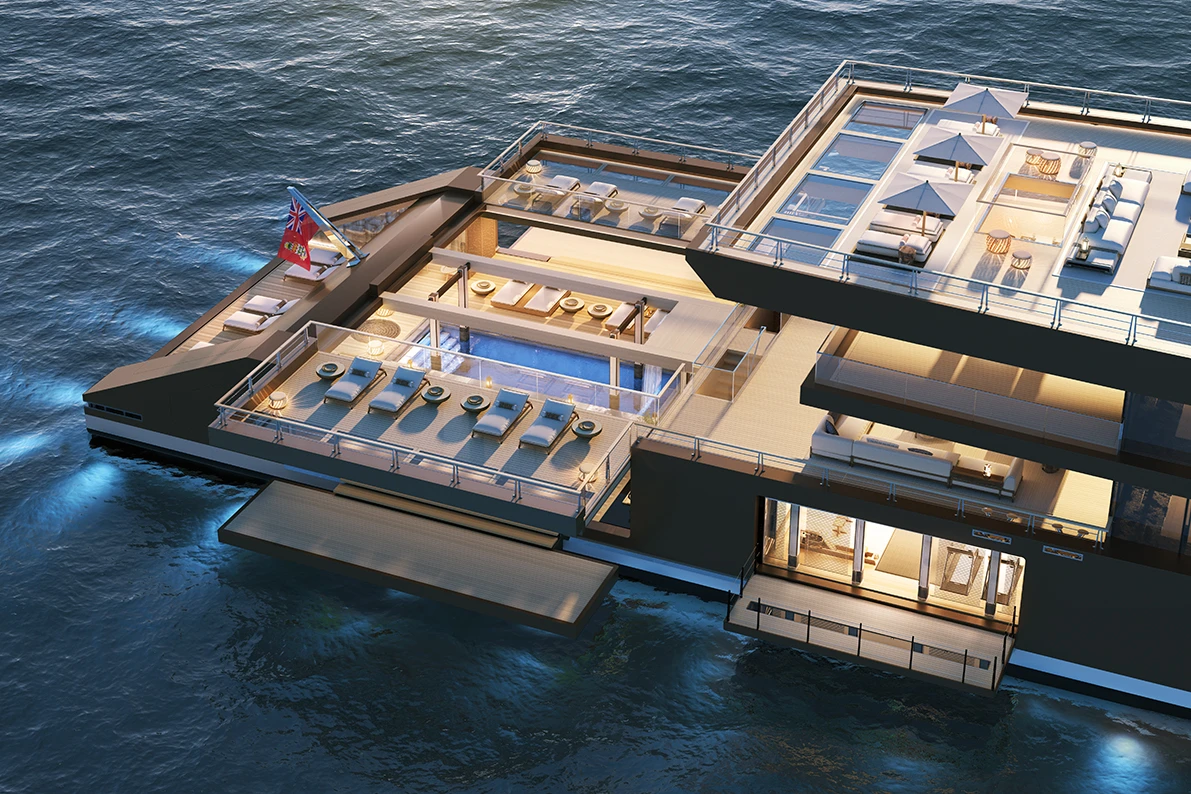 The yacht features several outdoor zones