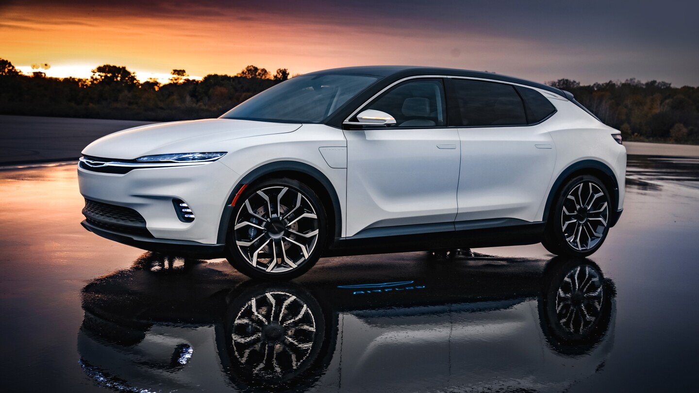 The Chrysler Airflow Concept's under-door lighting displays the name of the vehicle