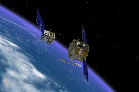 This artist's rendition of Orbital Express during unmated operations was generated using the Boeing SimWorks simulation software. ASTRO is observed during final approach after flying several kilometers away and having performed a flyaround inspection of N