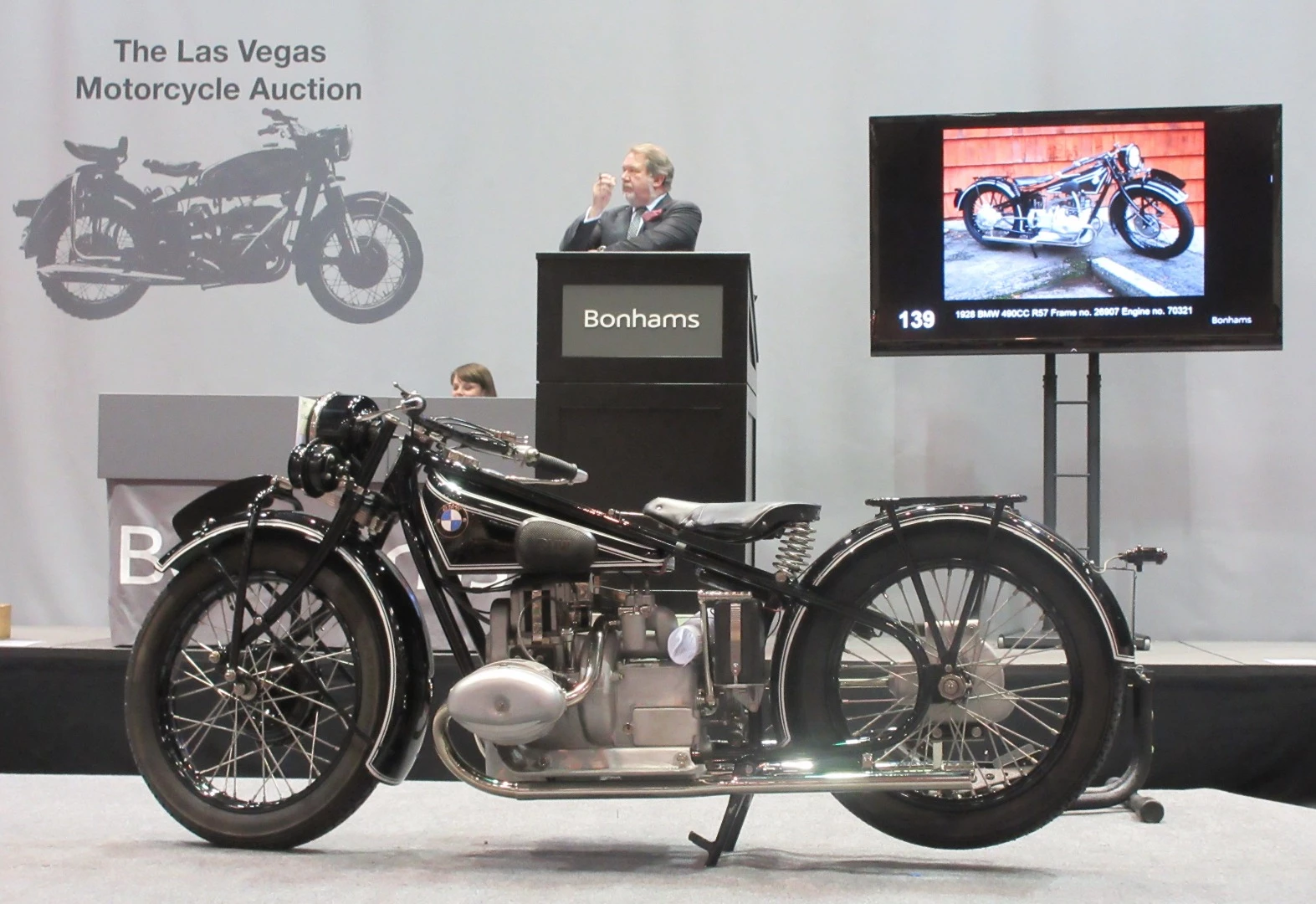 $100,050 – 1928 BMW R57 - Though there were more valuable BMW motorcycles available in Vegas, this bike eventually became the most expensive of a bevy of desirable BMWs. BMW began manufacturing motorcycles in 1923 and for 1928 it introduced the new, overhead-valve R57 sports 500cc twin with a square 68mm bore and stroke, a hand-shift 3-speed gearbox and electric lighting - not a bad specification for 88 years ago. R57 production lasted for only three years and not surprisingly, this bike, Bonhams Lot 139, set a new record at auction for the model.