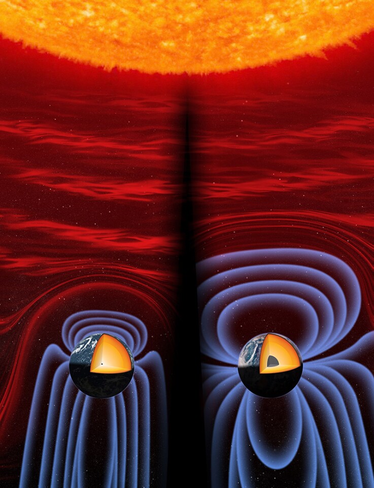 (Left) The Earth's core and magnetic field 565 million years ago, at its weakest point. (Right) The Earth's current core and magnetic field