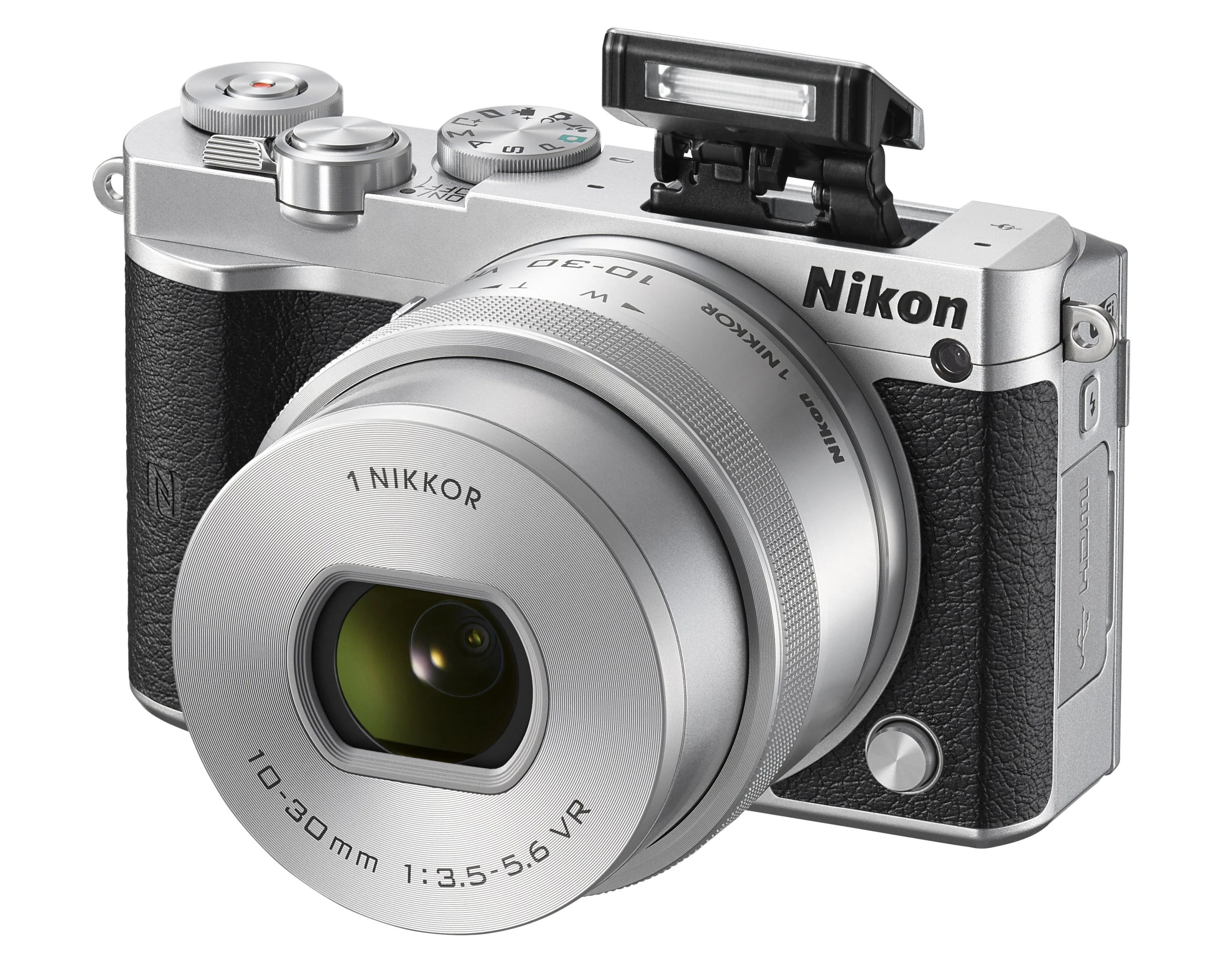 While there's no hot-shoe, the Nikon 1 J5 has a pop-up flash