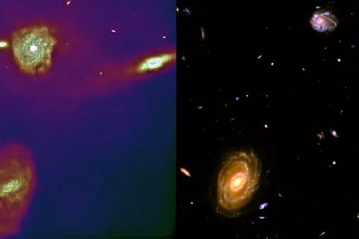 Left shows galaxies from AREPO simulation, right shows actual galaxies from Hubble image (Image: Harvard-Smithsonian Center for Astrophysics and NASA)
