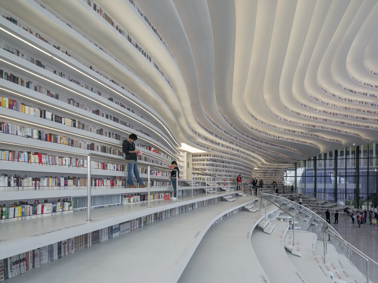 The shelves become a strange topographical structure that people can climb over