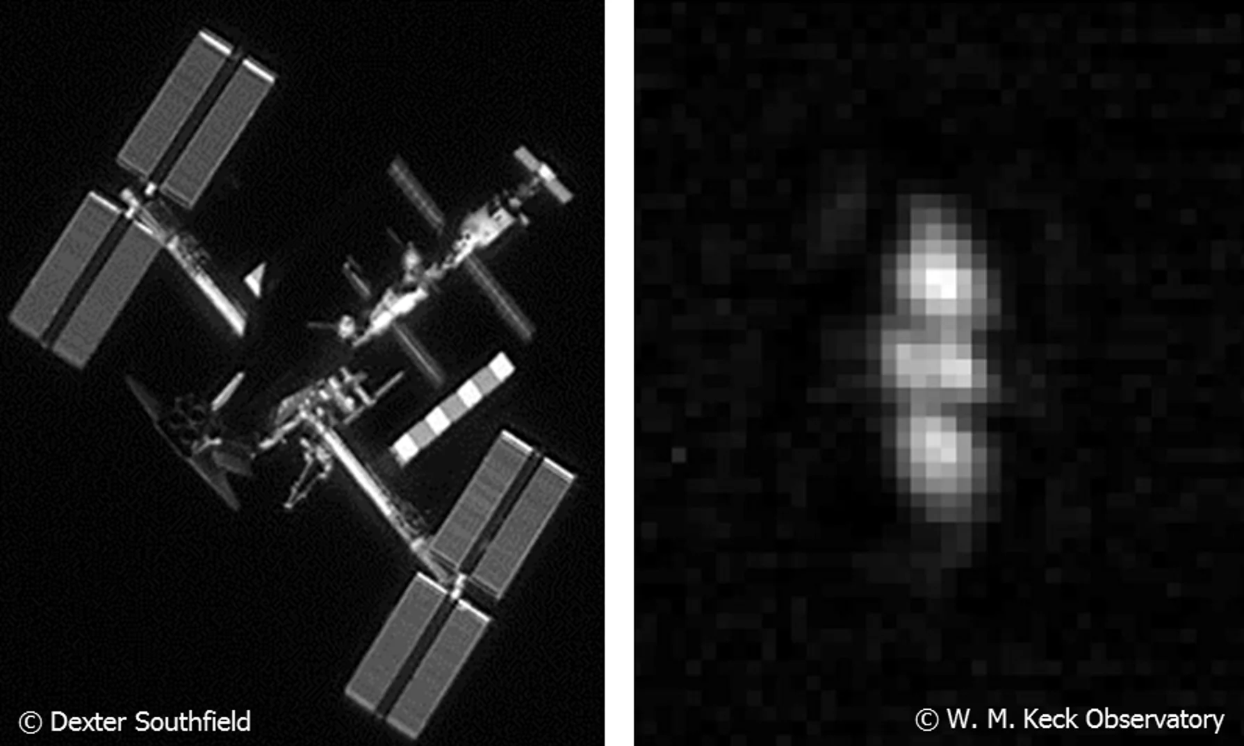Imagery of objects in low Earth orbit (left) compared with in geosynchronous Earth orbit – DARPA is seeking to develop ground-based imaging technologies that are "up to 100 times more powerful than the current state of the art"