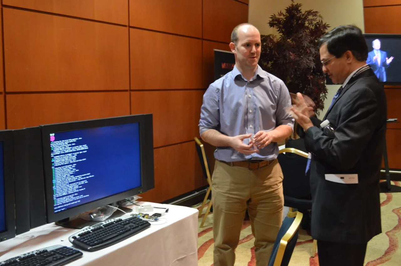 Eben Upton (left) at the Raspberry Pi demo stand at Technology Frontiers