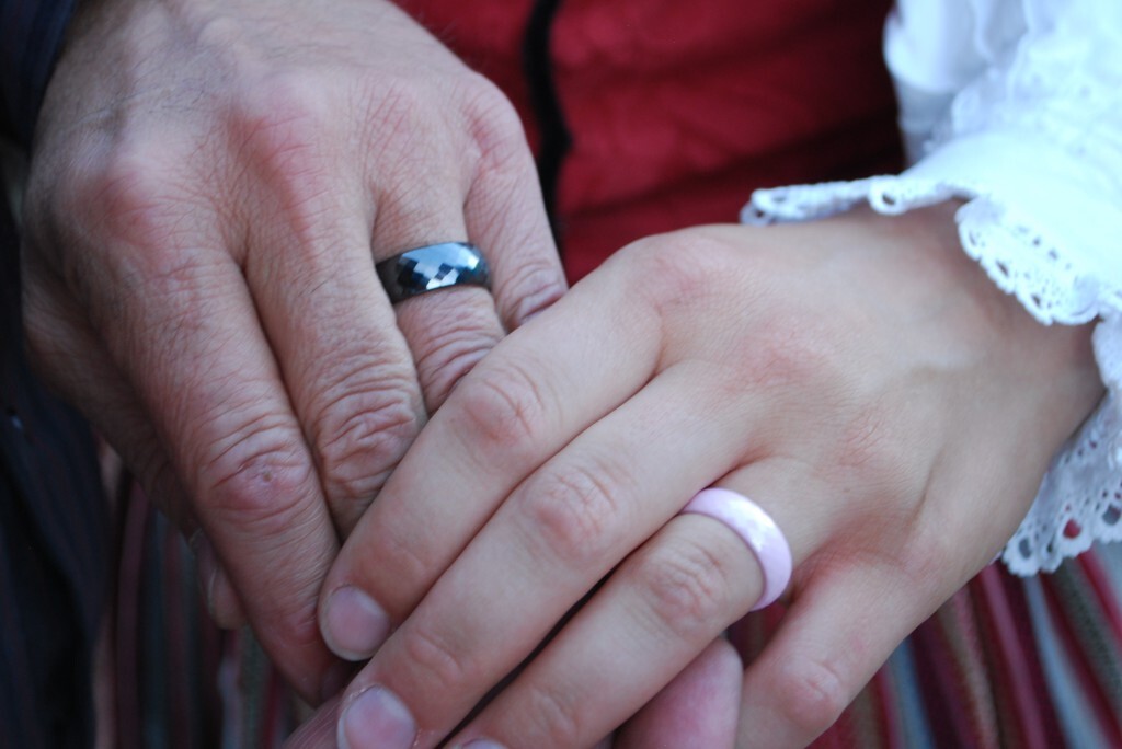 Bill and Eva's non-conductive ceramic wedding rings - they don't have to take them off to weld