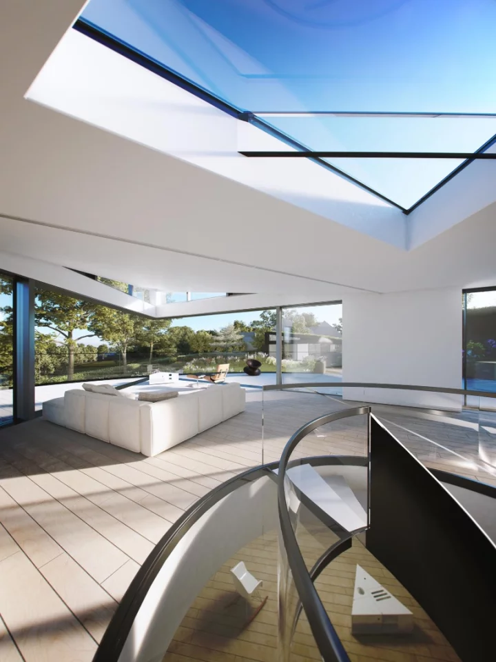 The upper floor is divided into three living spaces