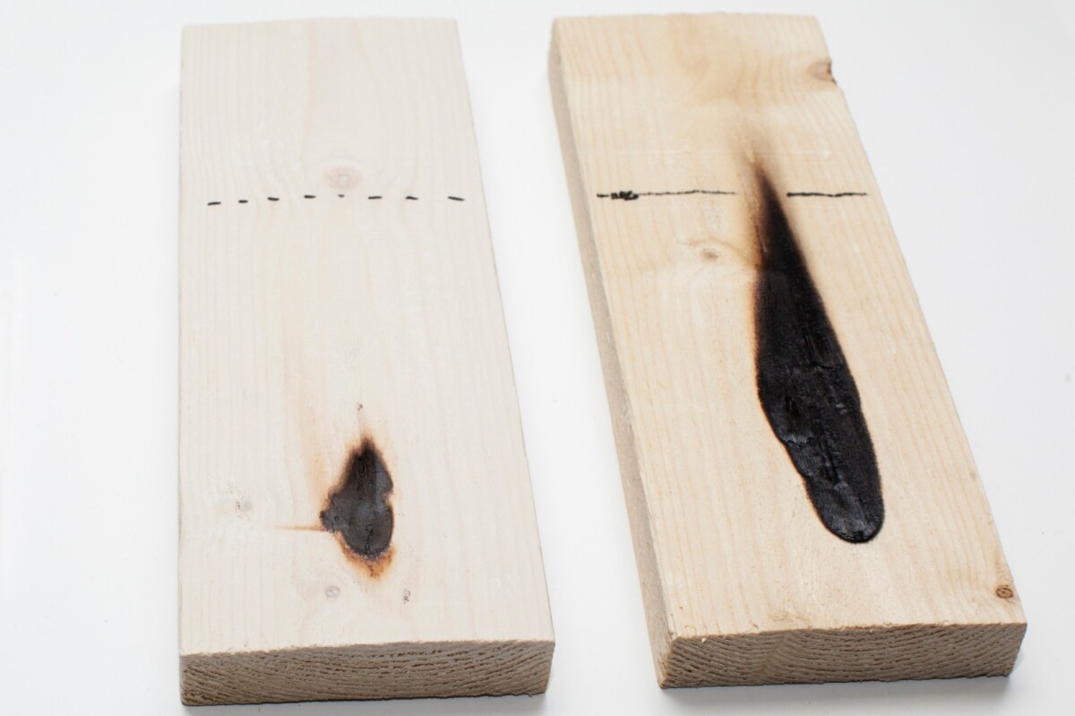 HefCel-coated wood (left) and untreated wood, after a 30-second flame test