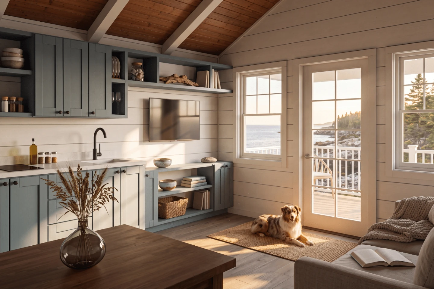 The Winslow Park Model Tiny Home's interior measures 400 sq ft (37 sq m), most of which is taken up by a large space that combines a living room, a kitchen, and a dining area