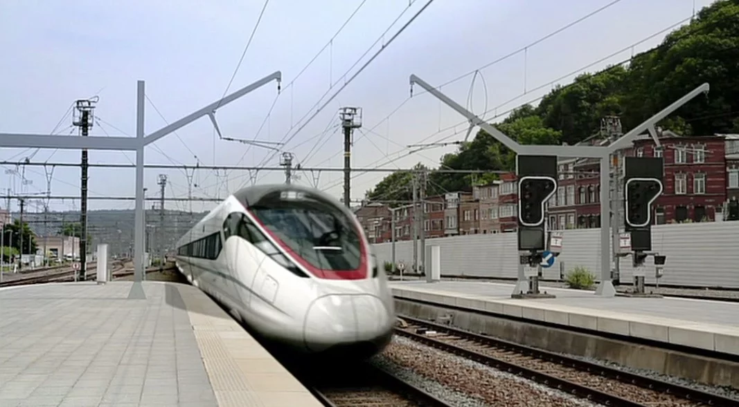 An artist's rendering of an XpressWest train coming into a station