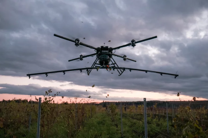 The Agro drone has eight motors/props, mounted on four arms