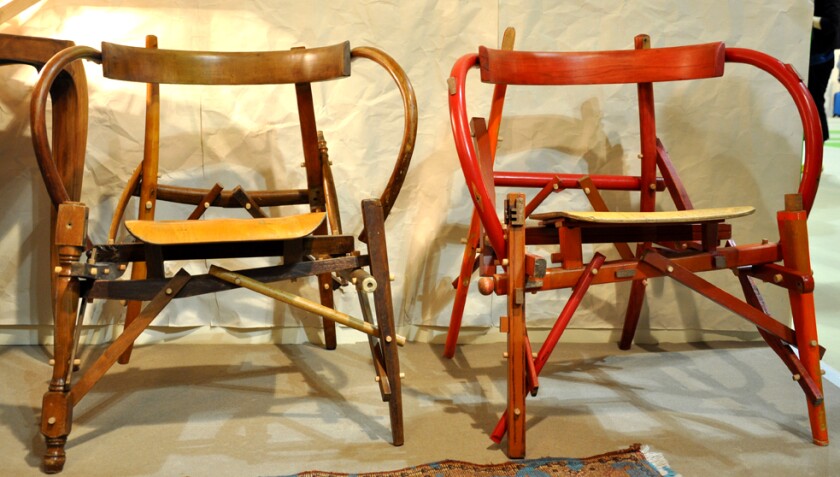 Marcantonio Raimondi Malerba had created two rustic armchairs by recycling the parts of 12 old and broken chairs he found in the trash (photo: Edoardo Campanale/Gizmag)