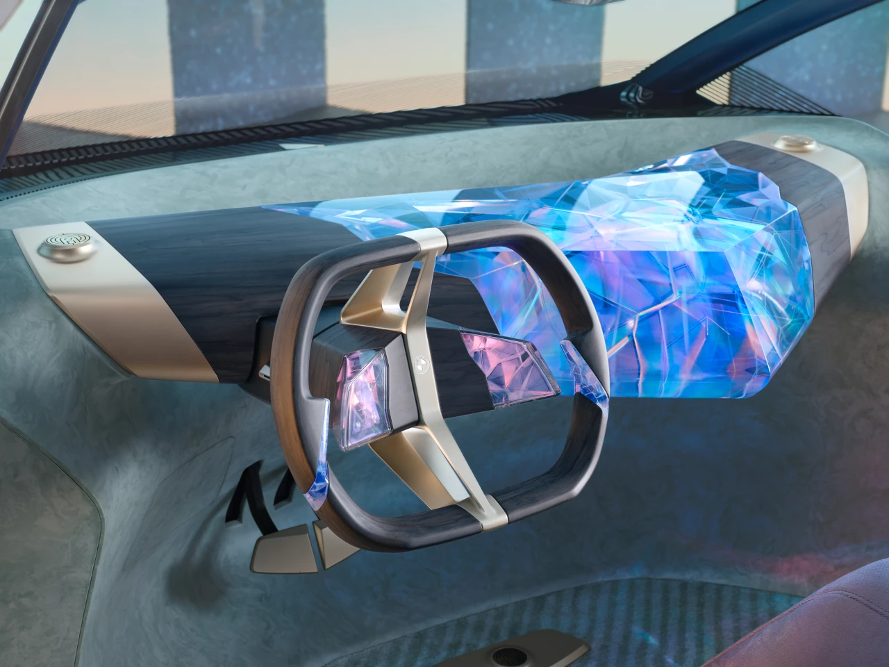 The BMW i Vision Circular's crystal instrument panel "hovers" within the cabin