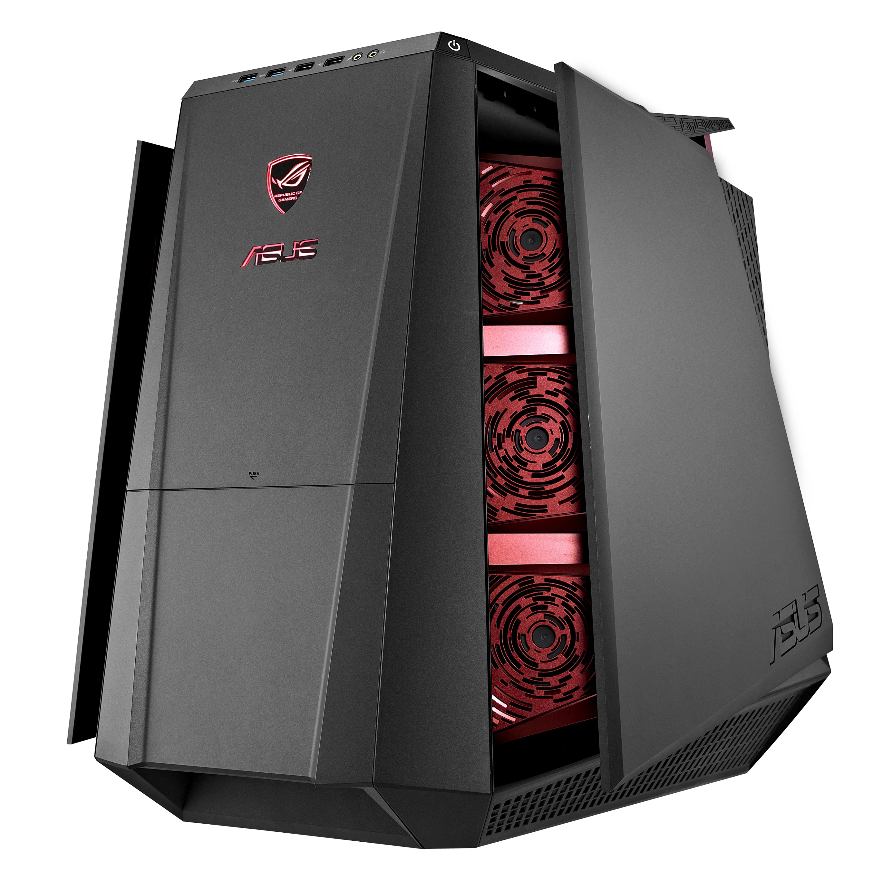 The transforming case automatically opens its top and side panels in Turbo Gear mode to reveal its eye-catching crimson fans that exhaust hot air and redirect cool air into the system