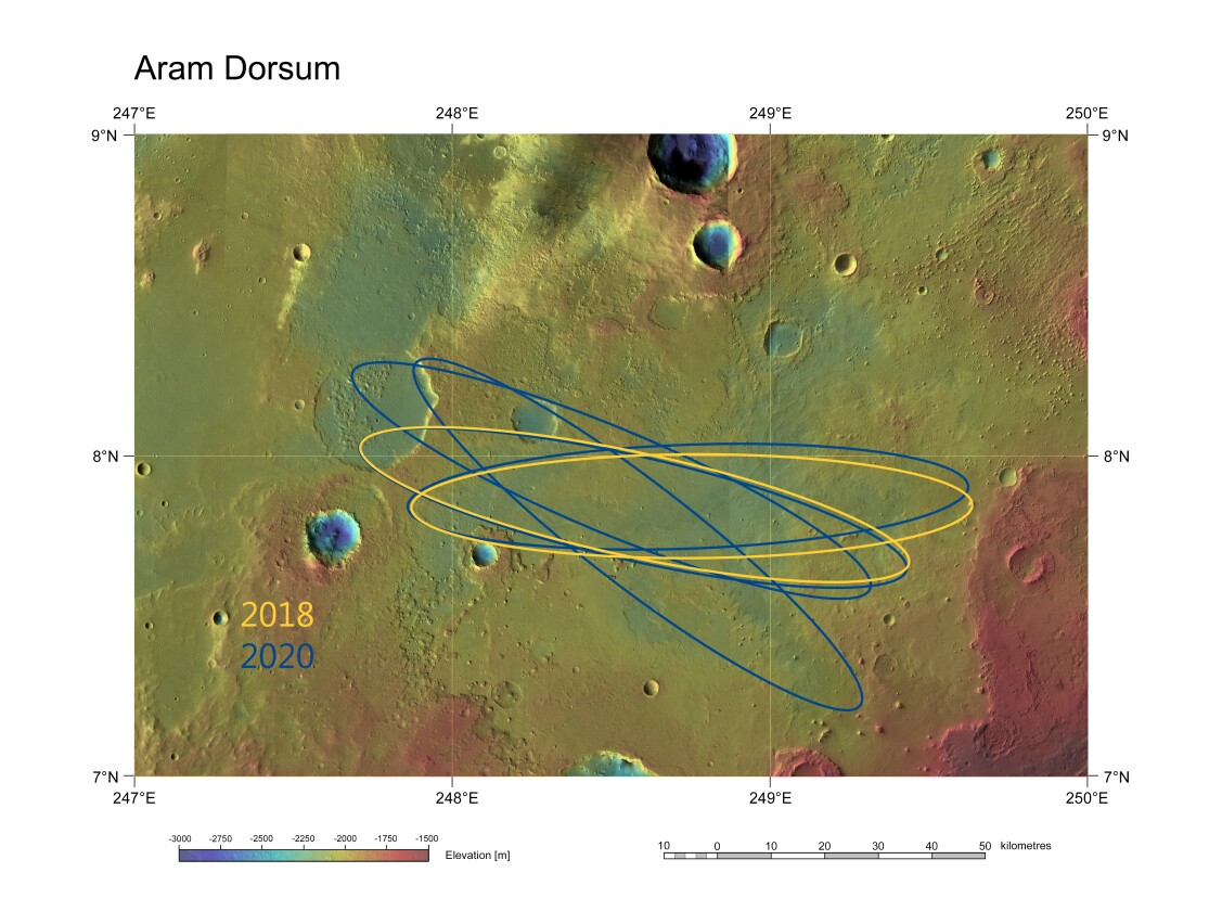Image displaying potential landing ellipses for the Aram Dorsum candidate site (Image: ESA/DLR/FU Berlin & NASA MGS MOLA Science Team)