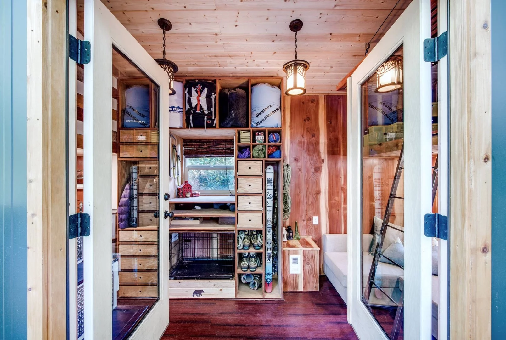 The tiny home features a focus on storage space