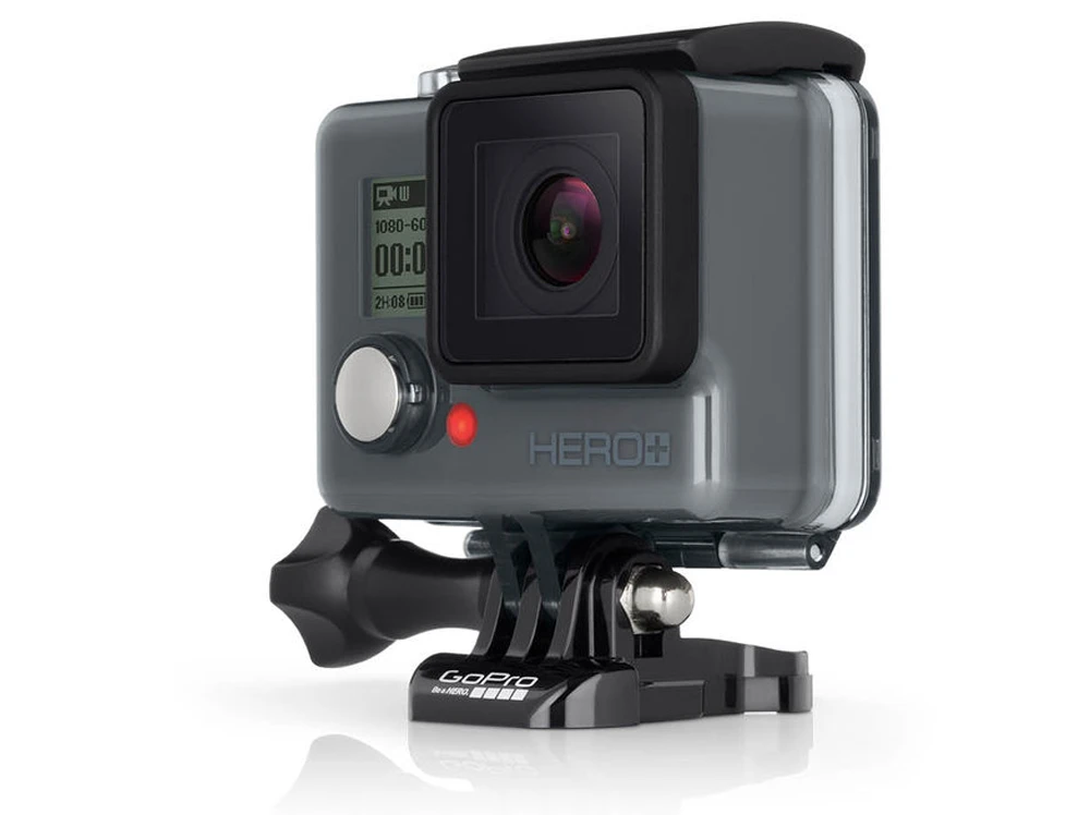 The GoPro Hero+ LCD action camera is built directly into its waterproof housing