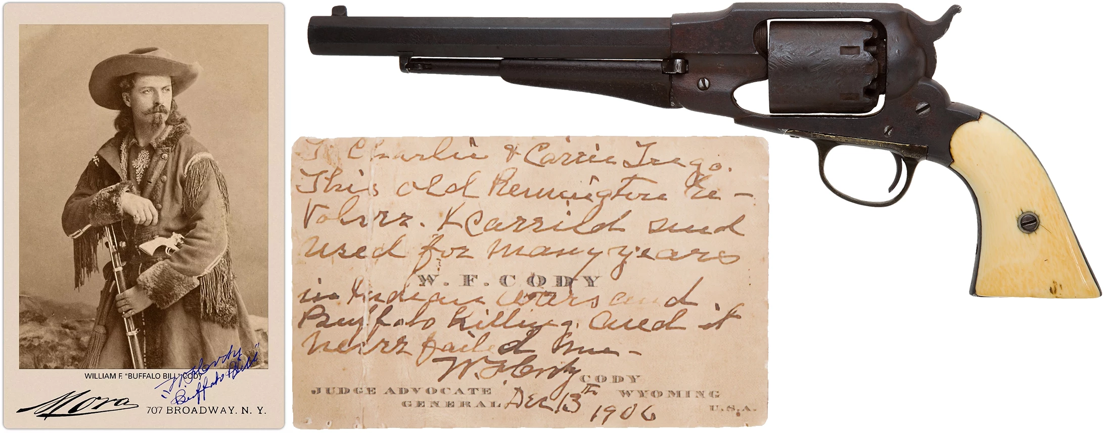 Buffalo Bill's favourite gun sold for $239,000 with the business card as part of the lot. The card at left shows Cody in his youth with the same gun tucked into his belt. The inscription on the cards reads: "This old Remington revolver. I carried and used for many years in Indian Wars and Buffalo killing. And it never failed me. WF Cody"