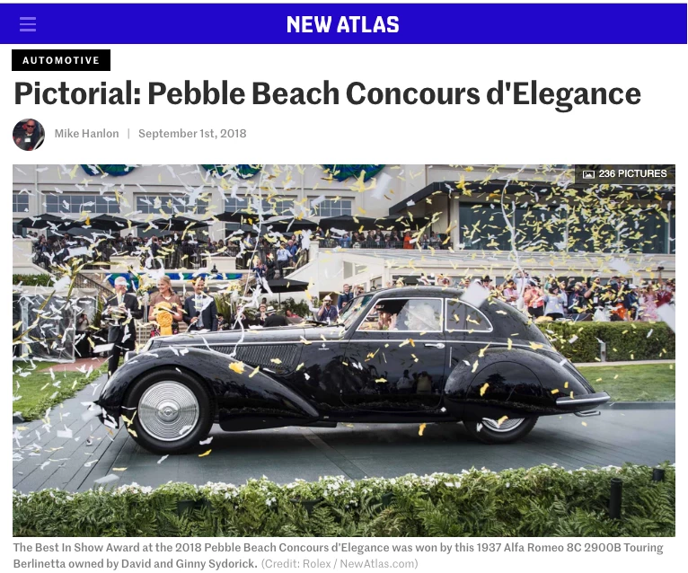 In August, 2018, David Sydorick's 1937 Alfa Romeo 8C 2900B Touring Berlinetta won the Pebble Beach Concours d'Elegance