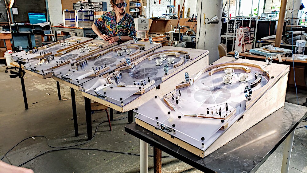 Five playfields under construction at Cavatorta's Brooklyn studio