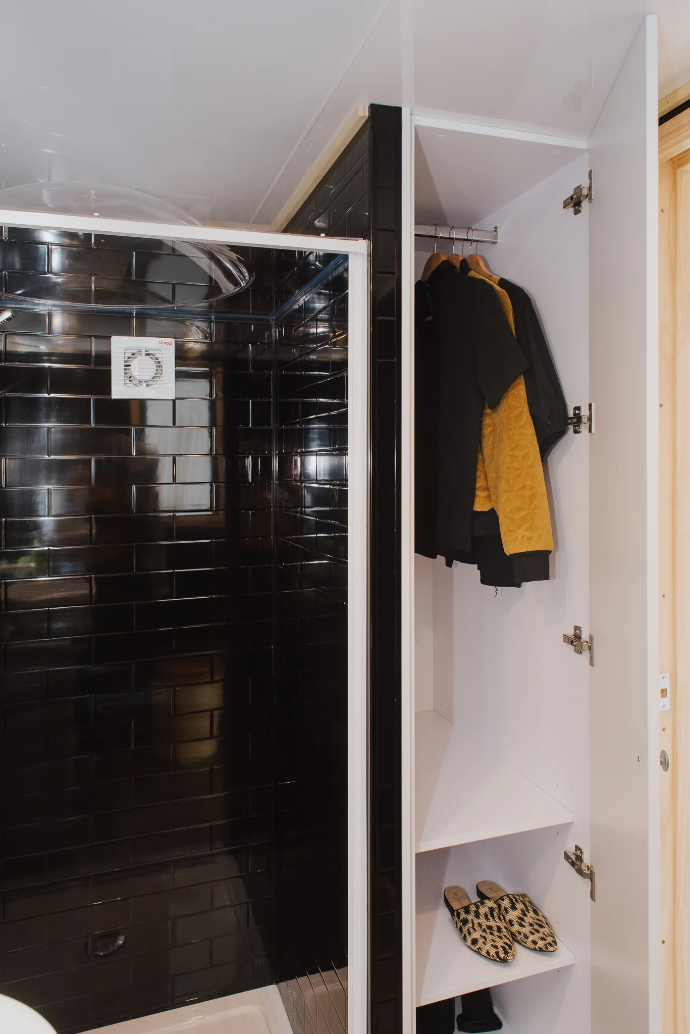 The Te Whare Nukunuku Tiny House's bathroom features some additional storage space