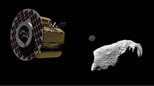 A pair of Arkyd-300 series rendezvous probes approaching a candidate asteroid
