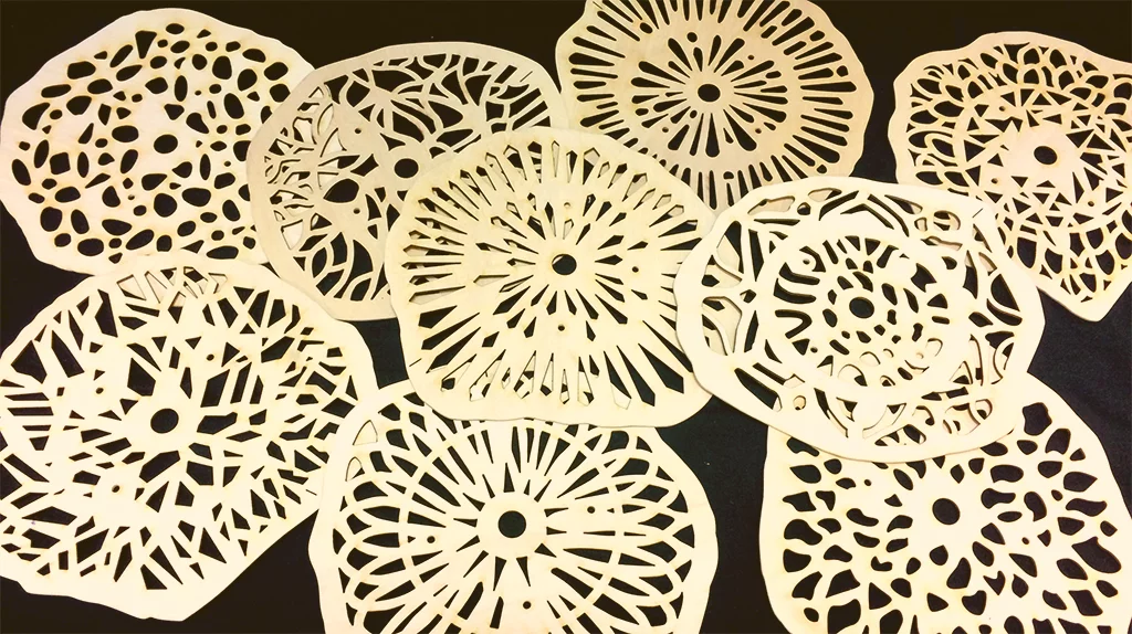 The drawing produced by the Drawmaton is governed by ornate wooden discs called Pelatos