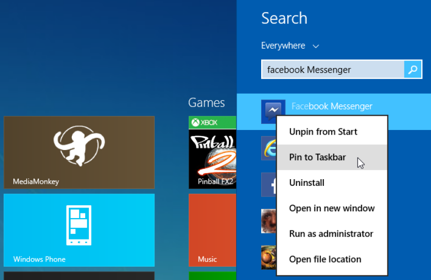 Pin apps to the Taskbar when searching