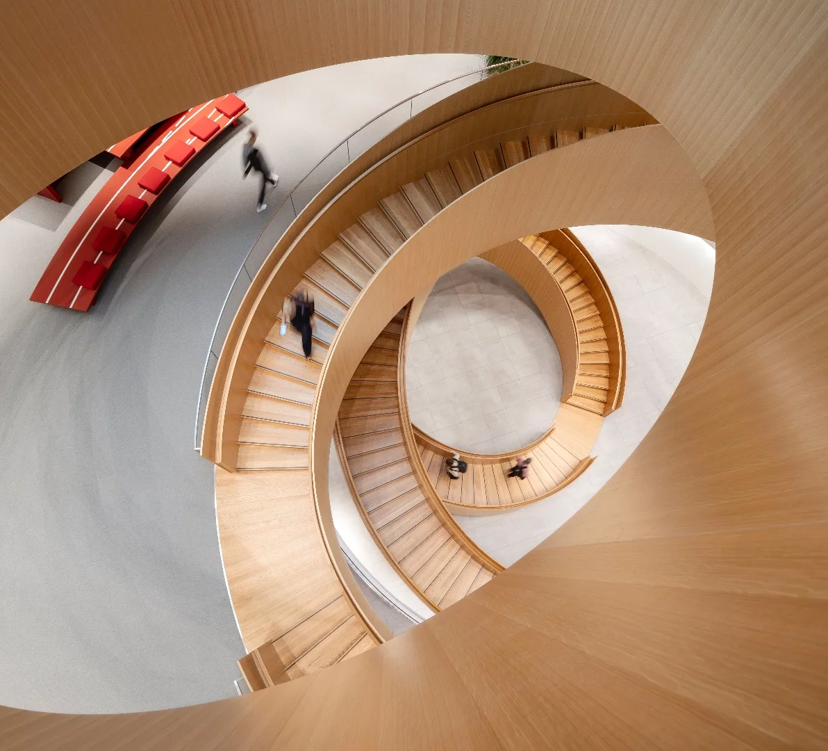 The Olympic House's interior is centered around a large staircase that connects all five floors through a central atrium