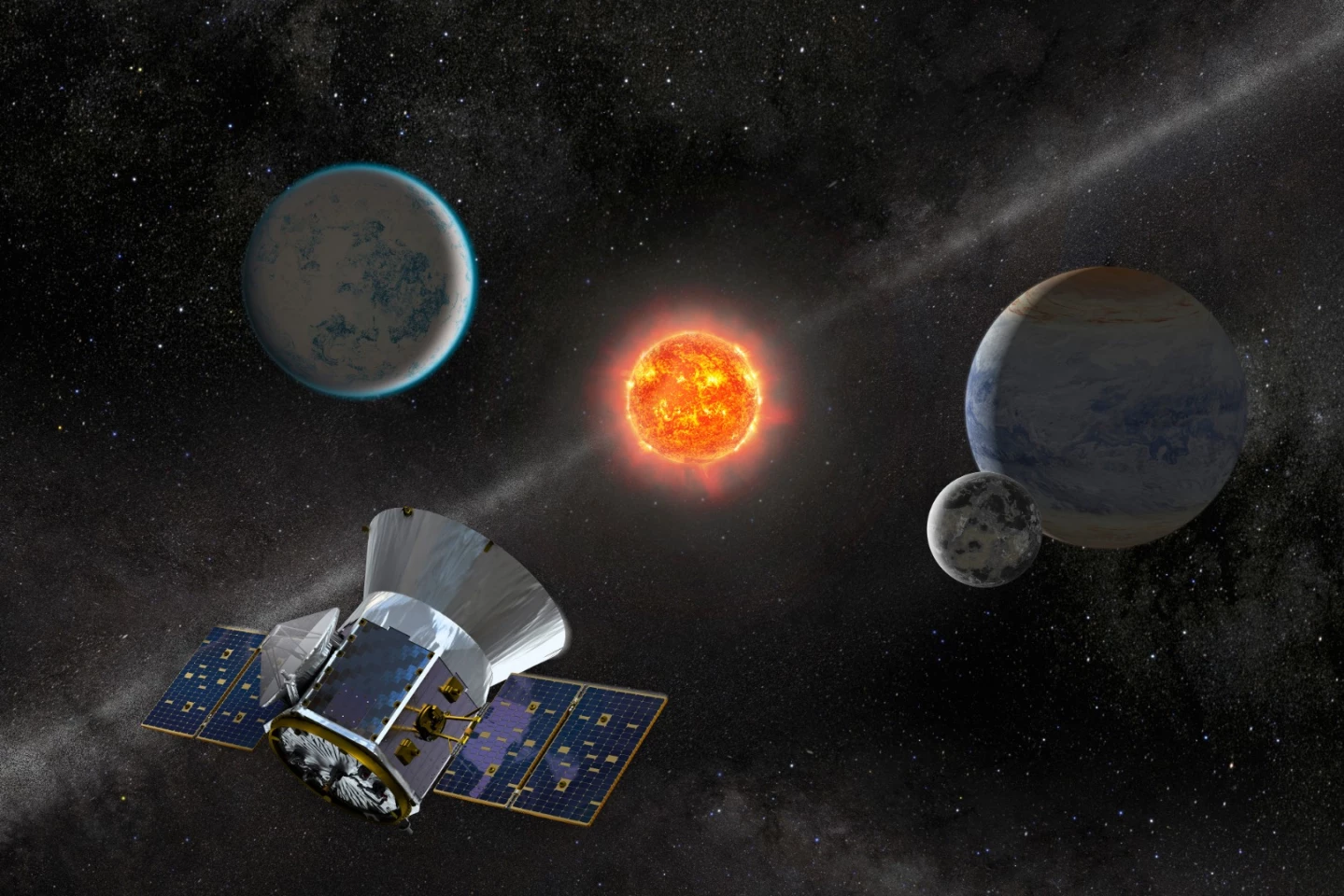 Artist concept of TESS observing an M dwarf star with orbiting planets