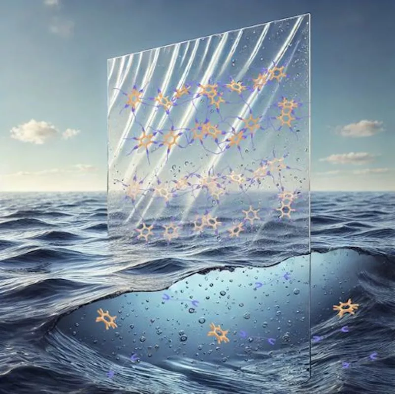 An artist's impression of the new plastic, showing the strong bonds above the water and how they break down when submerged in saltwater