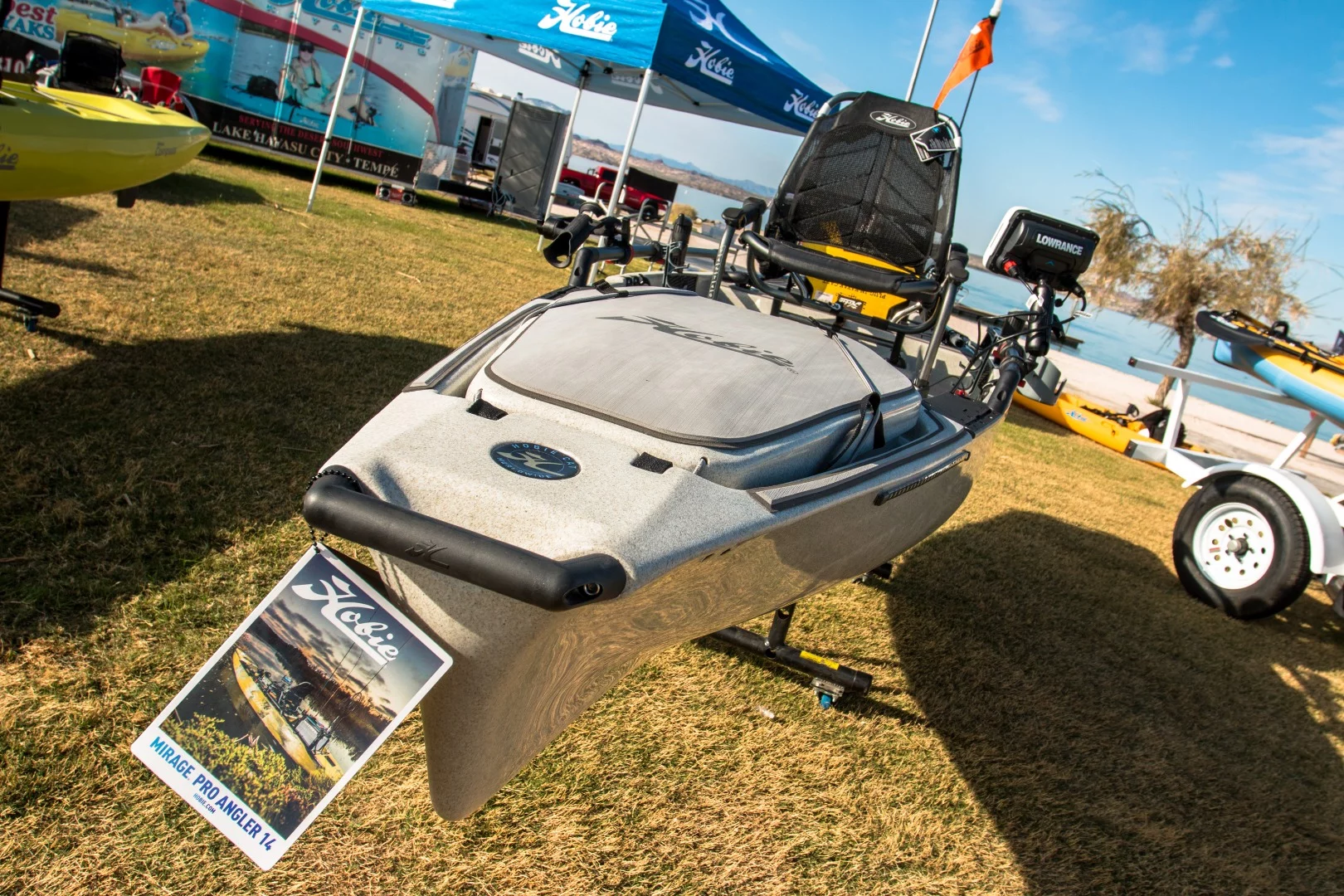 Hobie's custom built Mirage Pro Angler 14 equipped with a Lowrance Hook2 7 TripleShot US Inland Sonar/GPS Combo. It can create 3D images of the lake or riverbed below you using sonar. This Mirage Pro Angler 14 also has custom LED lighting for those who like to fish at night