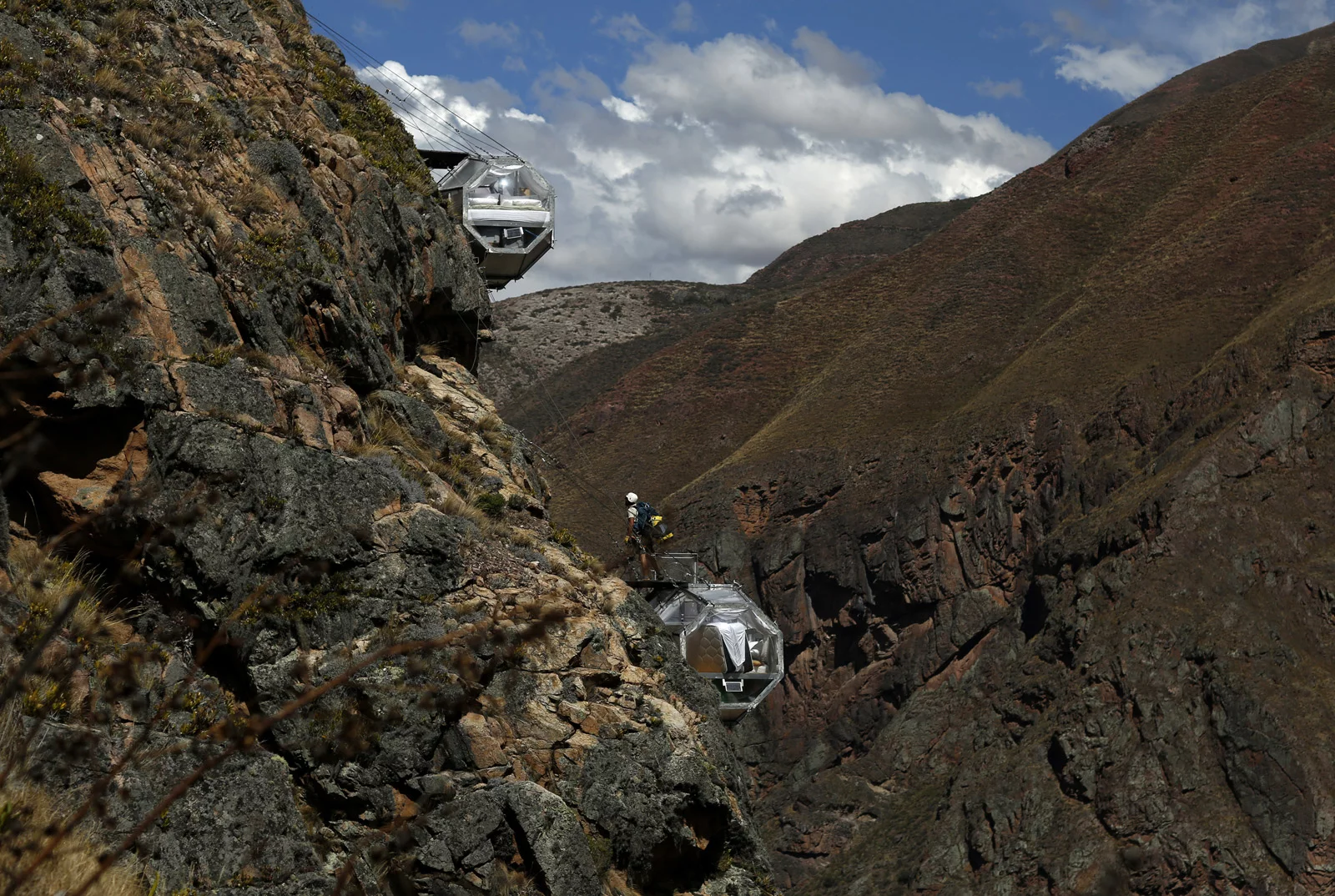 Hanging off the edge of a mountain in Peru is the Natura Vive Skylodge, three transparent capsules that are available for those wanting to spend a night in something akin to a bird’s nest. Access via a hiking trail, or more intrepid travelers can climb the 400 meters up the mountain to reach the capsule