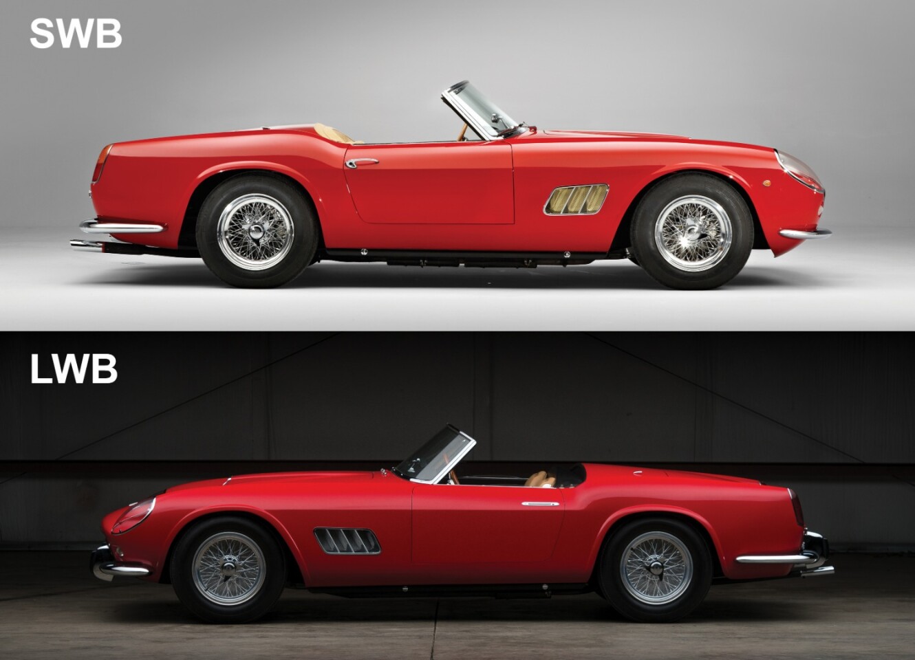 There are two main variants to the Ferrari 250 GT California Spider series, distinguished by the LWB (Long Wheelbase - 2,600 mm) and SWB (Short Wheelbase - 2,400 mm) nomenclature