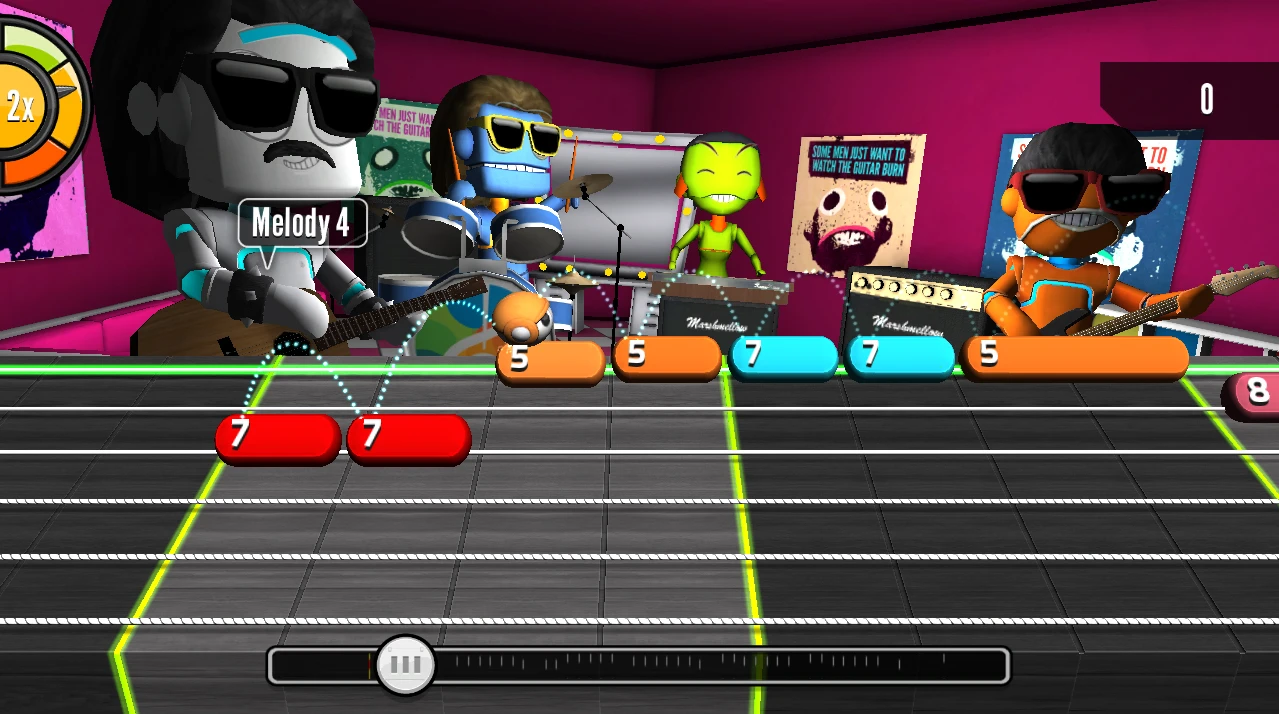 Riffs, solos and full songs must be played correctly with a robotic band to unlock new songs and practice areas