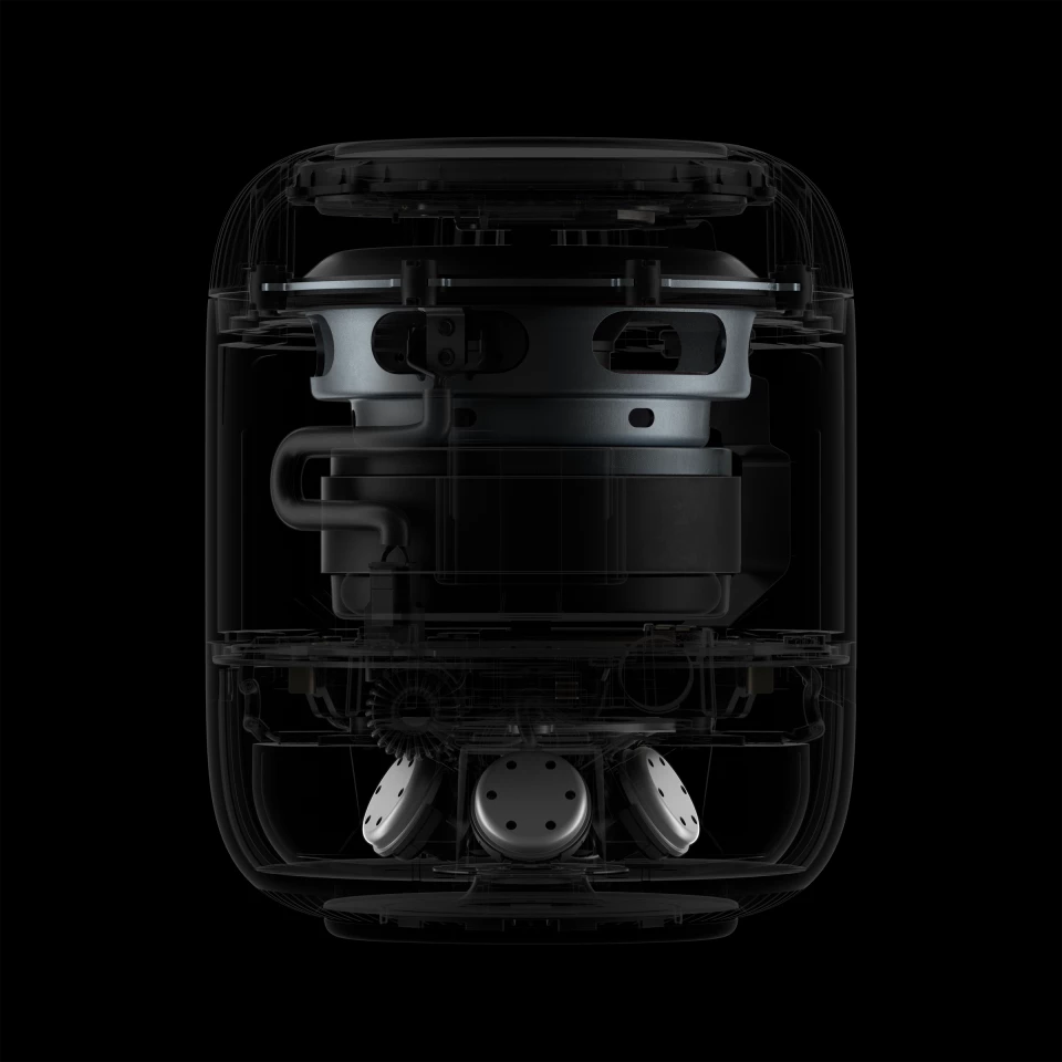 Inside, Apple has sacrificed a couple of tweeters and some microphones but the powerful woofer survives unscathed