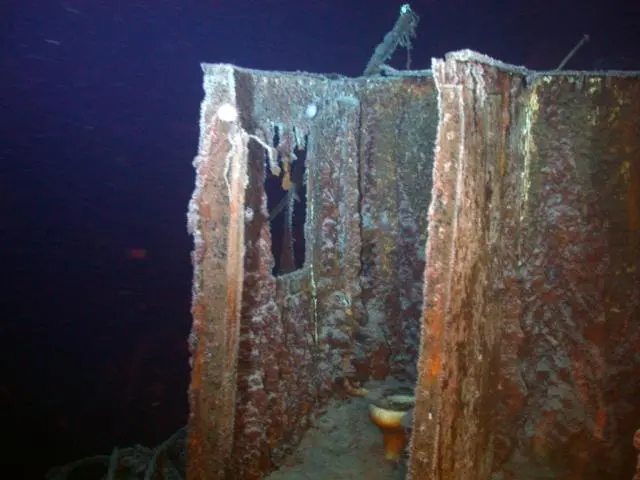An intact toilet sits on the bridge deck of the SS Gairsoppa
