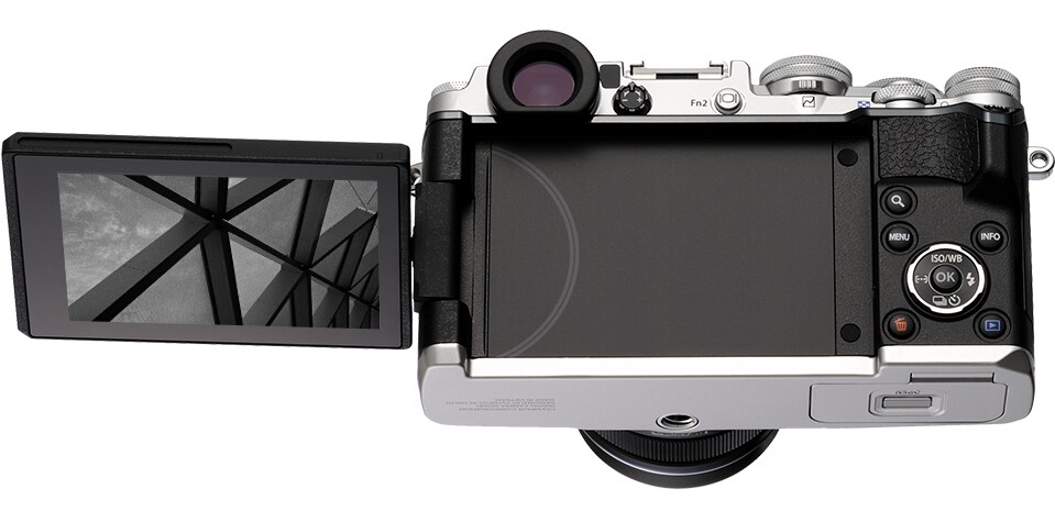 The rear 3-inch touchscreen on the Olympus PEN-F can be angled for easier shooting