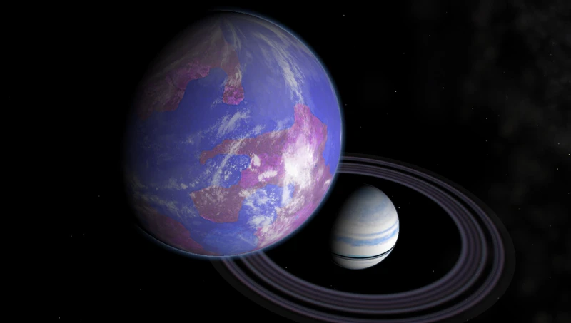 An artist's illustration of an Earth-like exomoon orbiting a Saturn-like exoplanet