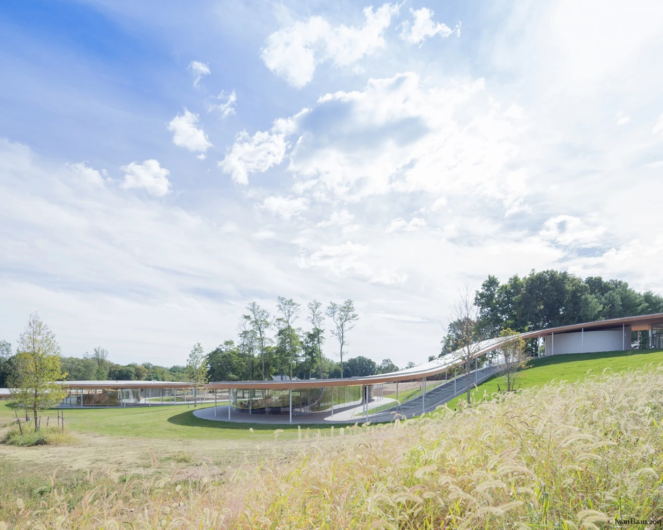 Grace Farms includes an indoor amphitheater, library with conference room, community space featuring fresh food, a pavilion that offers tea service, and a sunken recreational space