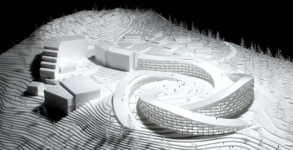 The plans include a futuristic circular structure that will offer guests stunning 360 degree views of the slopes and roof top skiing