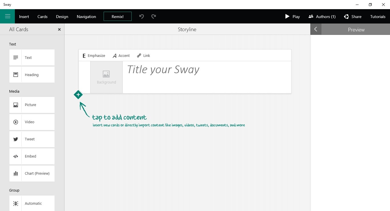 The Sway editing screen is split into three vertical columns
